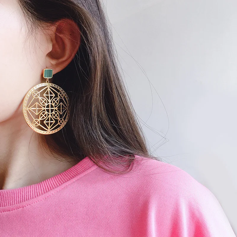 Fashion Fancy Hollow Faceplate Pendant Earrings Green White Malachite Studs For Women Brand Jewelry | Украшения и аксессуары