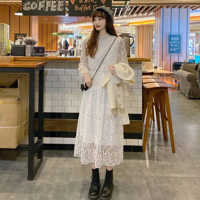 

Lace dress, long 2021 spring and autumn new style temperament fairy figure-flattering base dress, mesh , Korean fashion
