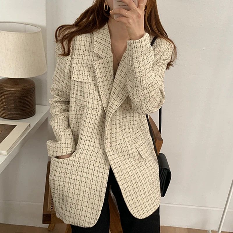 

Plaid Blazer Women Pocket Long Sleeve Office Ladies Blazer Spring Autumn Jacket Female Outerwear Coats