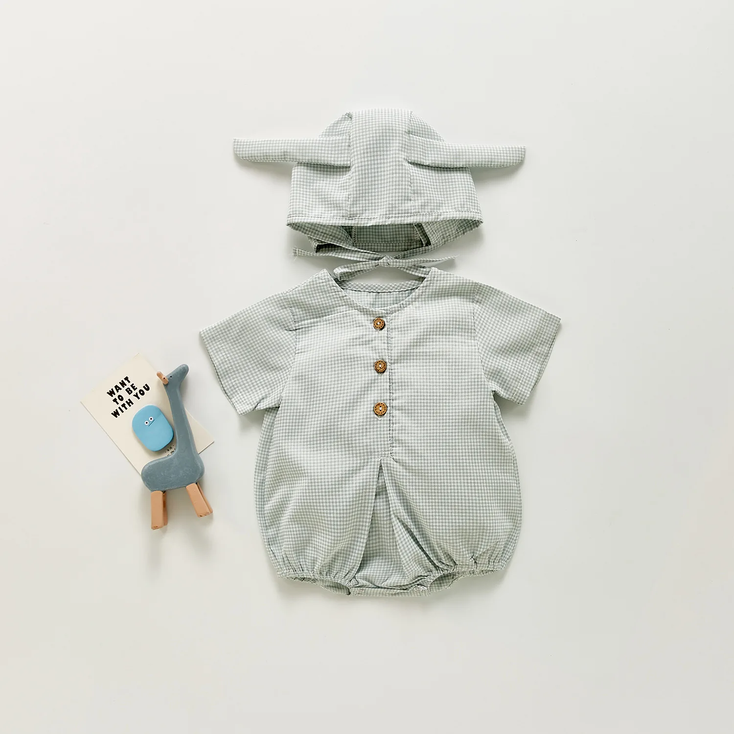 

2021 Summer New Toddler Girl Fashion Cotton Plaid Short Sleeve Bodysuits Baby Girls Loose Soft Bodysuit With Hat