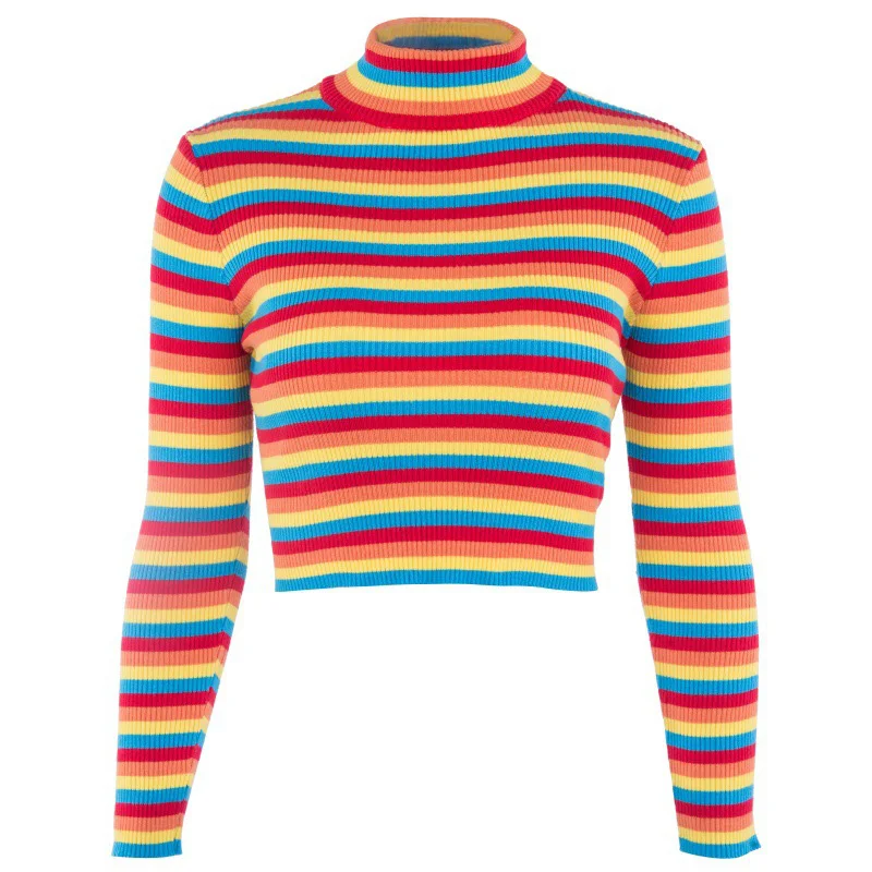 

2020 Striped Turtleneck Sweater Women'S Fashion Joker Streetwear Knit Pullover Casual Sexy Rainbow Autumn Winter Ladies Sweater