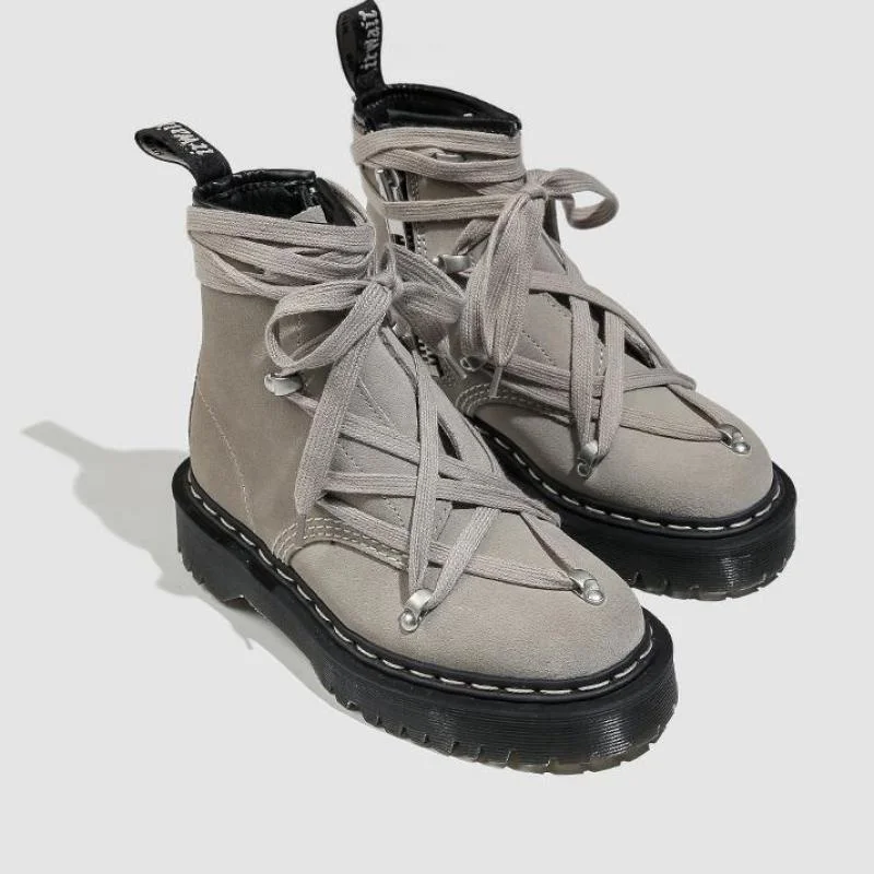 

Lace Cowhide Up Martin Women Winter Motorcycle Boots Tide Ankle Booties Gray Platform Boot Shoes Woman Botas Feminina