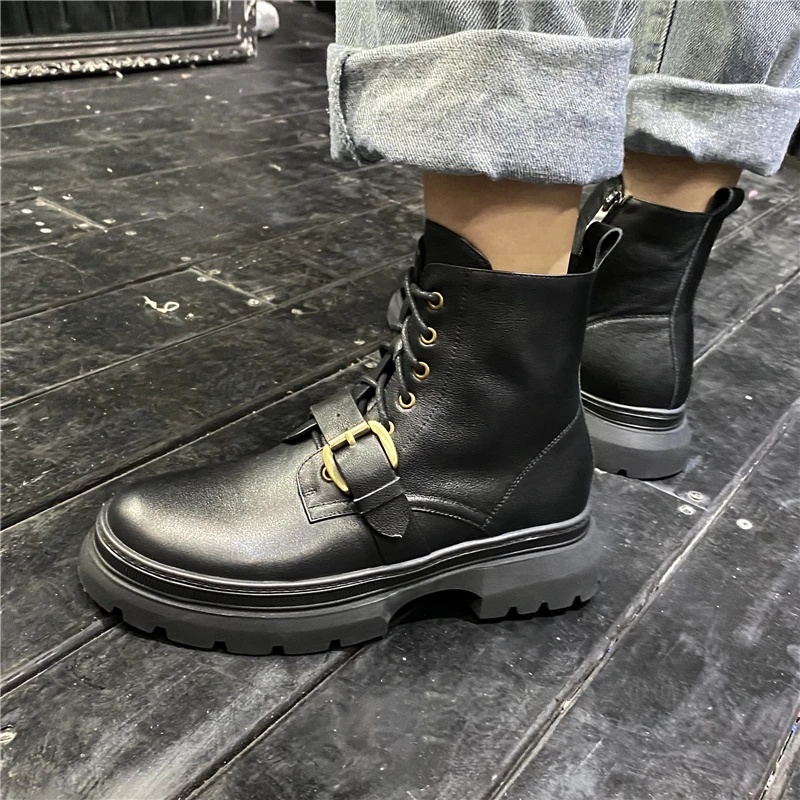 

VERCONAS Casual Women Ankle Boots Autumn Winter Buckle Shoes Woman Round Toe Genuine Leather Casual Platforms Side Zipper Boots