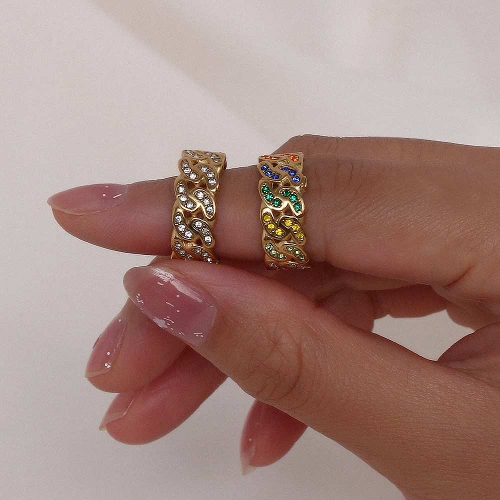 

Waterproof Cute Colorful Clear Shiny CZ Stone Paved Cuban Chain Rings For Female Luxury Stone Ring Tarnish Free Jewelry