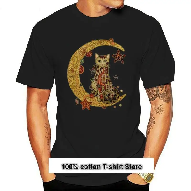 

Camiseta de gato en la Luna Gustav Klimt, algodón negro, tamaño completo, nueva