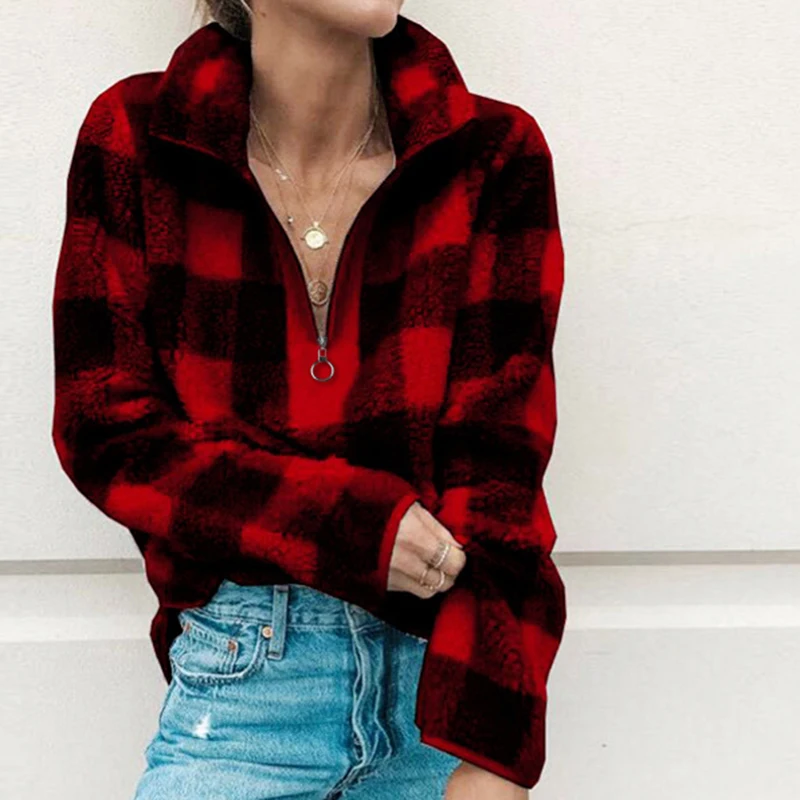 Уличная клетчатая Толстовка Зимние пуловеры Модные женские толстовки на молнии