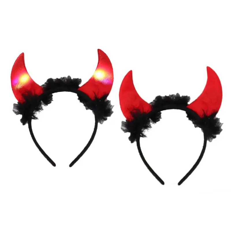 

Halloween LED Light Devil Ox Horn Headband Fluffy Feather Plush Cosplay Hair Hoop Festival Party Props Funny Headpiece