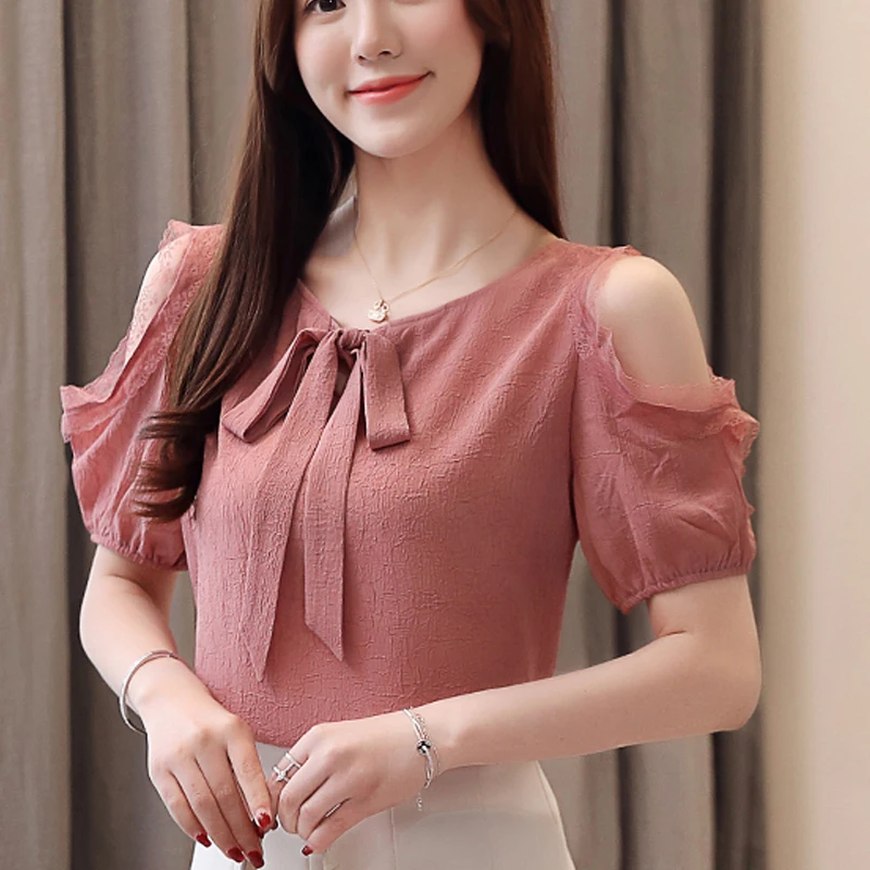 сексуальные открытые Женские топы с бантом Шифоновая рубашка коротким рукавом