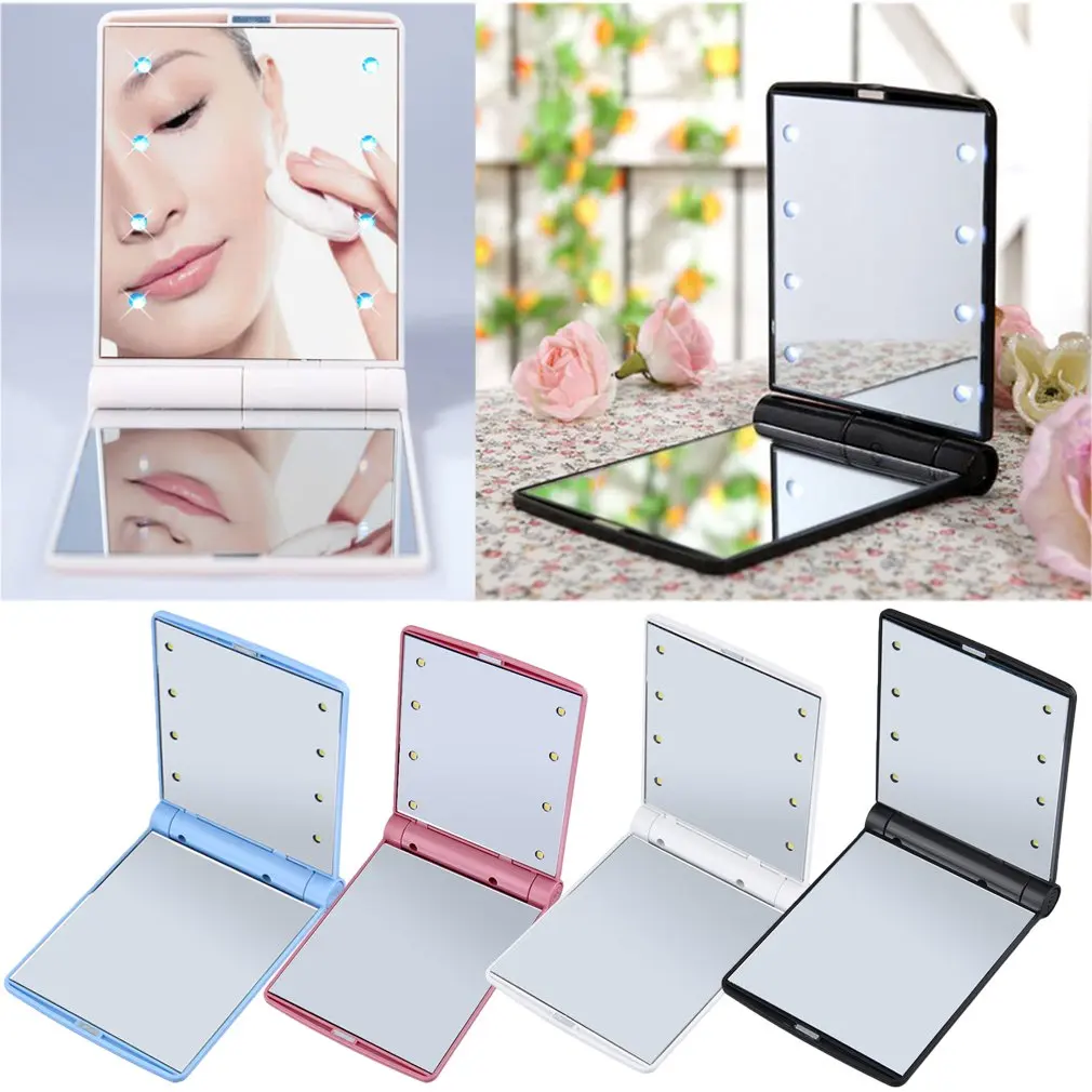 Women Foldable Makeup Mirrors Tool Lady Cosmetic Hand Folding Portable Compact Pocket Mirror 8 LED Lights Lamps Dropshipping | Красота и