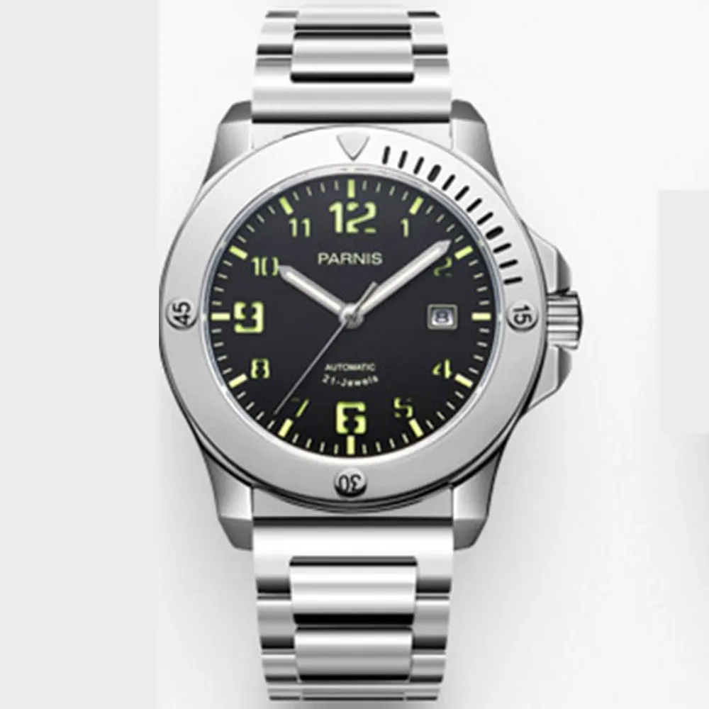 44 мм PARNIS черный циферблат светящийся Полный календарь нержавеющая сталь