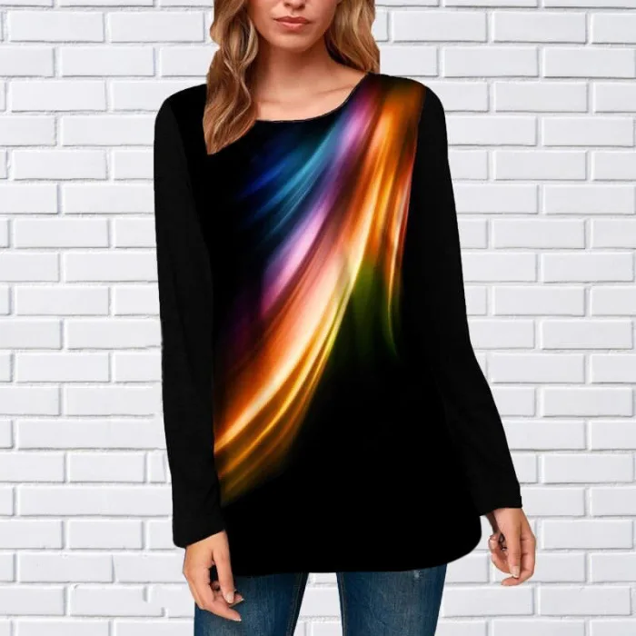 

T-shirt with round neck, feather print, slim size, long sleeve, female