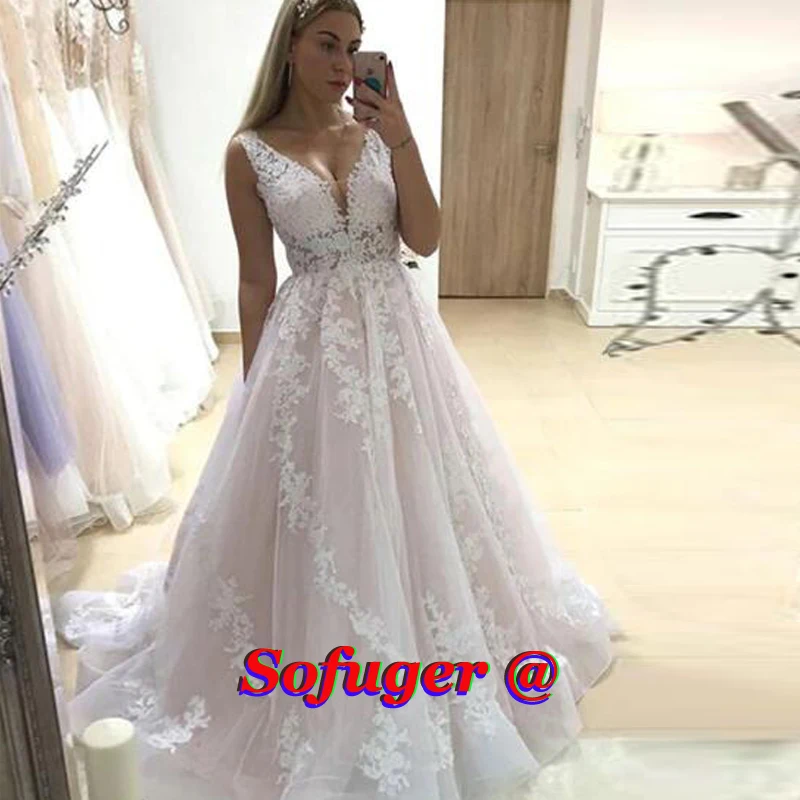 

Sofuge Bohe Aline Wedding Dresses V Neck Court Train Appliques Vestidos de Noivas Abiti Da Sposa Wedding Bridal Plus SIze