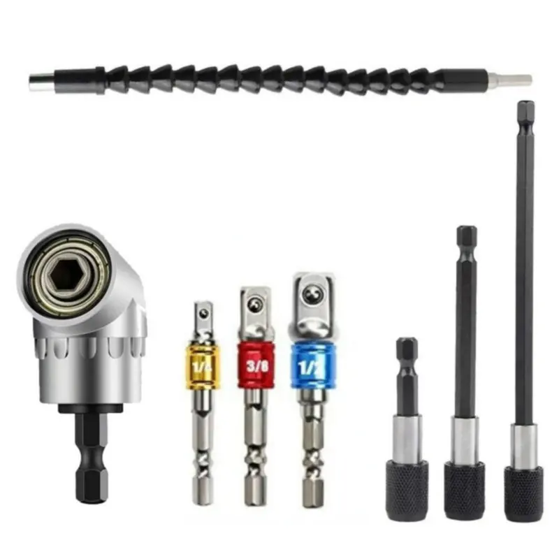 

1/4'' 105 Degree Right Angle Drill+1/4 Extension Bar Hex Shank Screwdriver Bit Holder+Impact Socket Flexible Angle Extension Bit