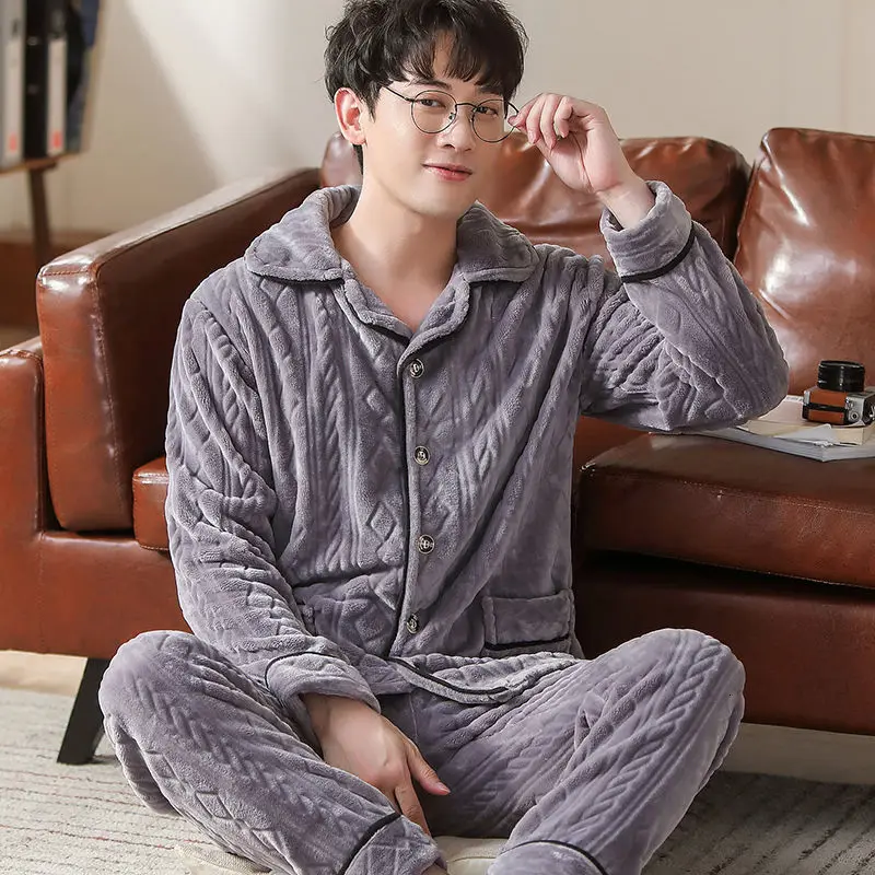 man pajama set Теплая Пижама Мужская Фланелевая Зимняя Толстая Пижама Мужская Толстая пижама с длинным рукавом Повседневная Осенняя Пижама для мужчин коралловый флис для сна XXXL - Цвет: man pajama set