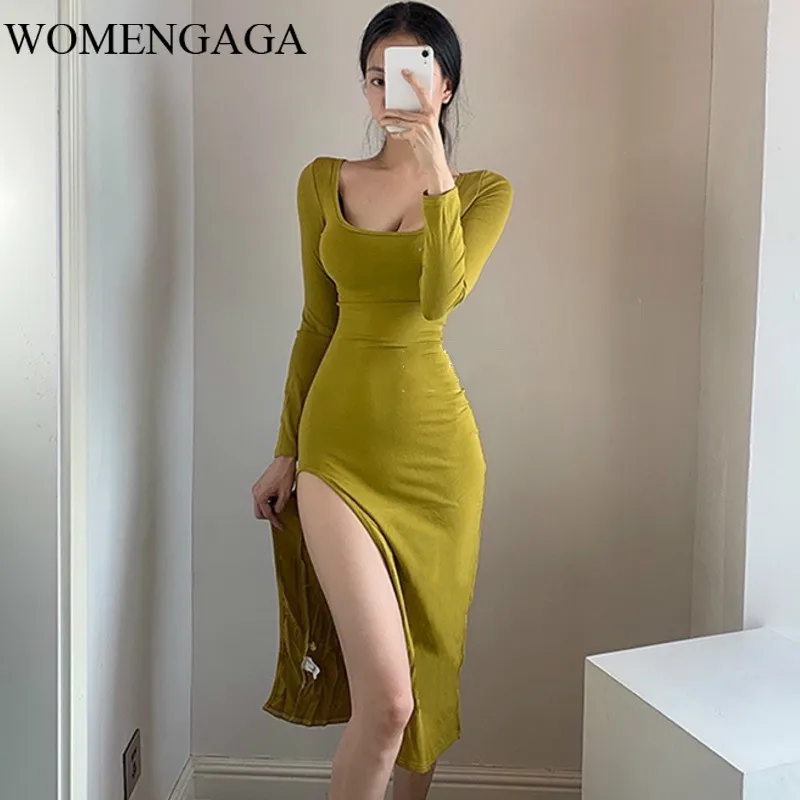 

WOMENGAG Temperament Goddess High Waist Show Thin Package Slim Hip Square Collar Low Chest Autumn Full Sleeve Dress Dresses Y4SD