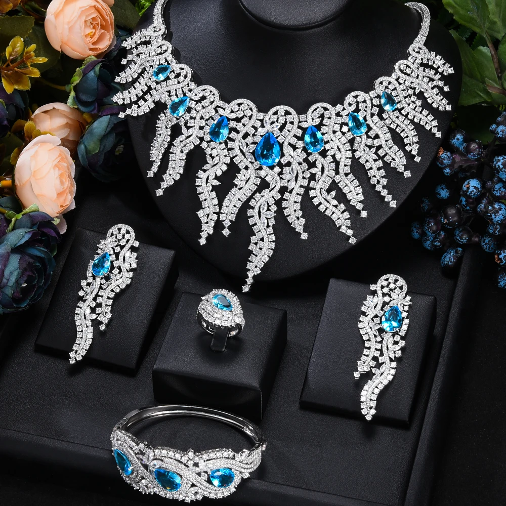 

Blachette Luxury Firework Big Necklace Earring Bangle Ring Irregular 4PCS for Women Exquisite Wedding Indian Bridal Jewelry Sets