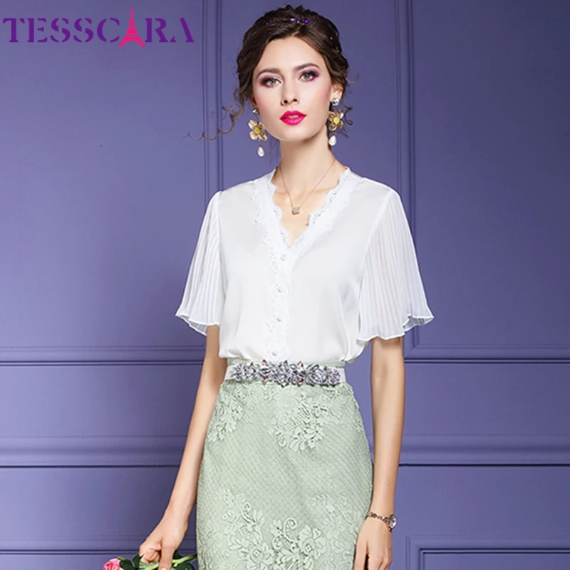 TESSCARA женская летняя Элегантная блузка с V образным вырезом женский кружевной