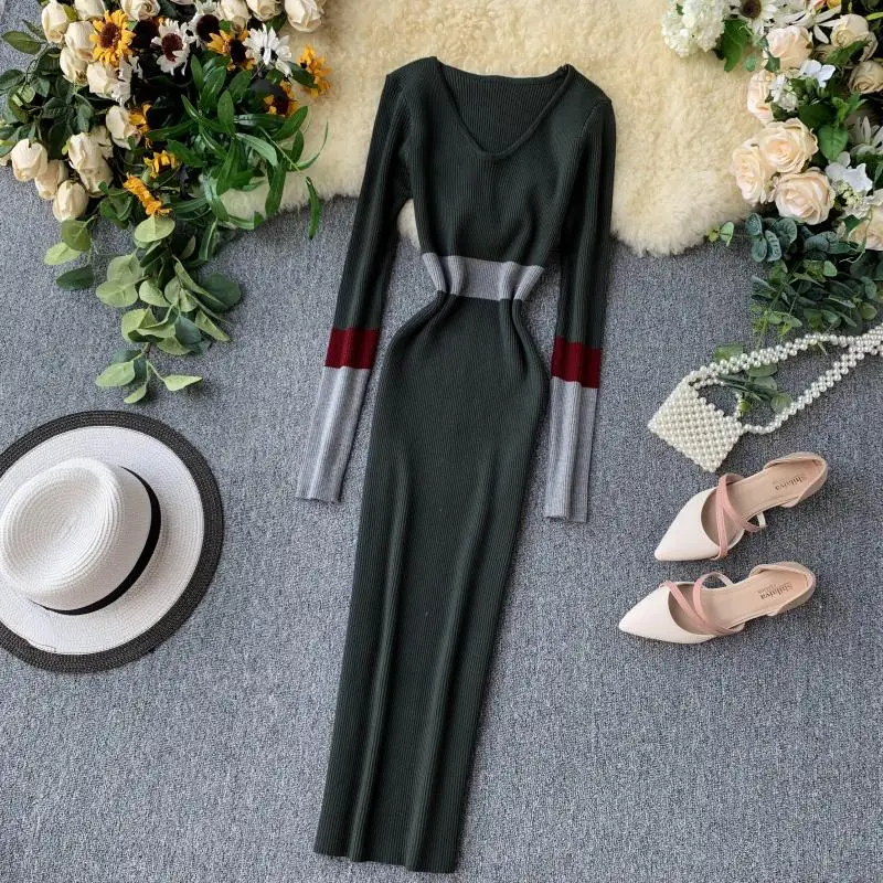 

Autumn Winter Lady Elegant Sweater Dress 2019 Women Casual V-Neck Long Sleeve Striped Knitted Dress Sheath Dress G22