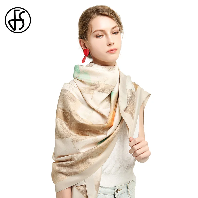 

FS Women Scarfs 2019 New Printing Twill Satin Square Graffiti Scarf Luxury Brand Female Sunscreen Cape Shawl Beach Towel