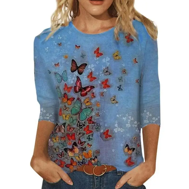 

Summer Women's T-shirts Butterflies Printed Mid-length O-neck Casual Top Tee Tops T-shirt T Crop Sleeves Plus Female shirt N6J4