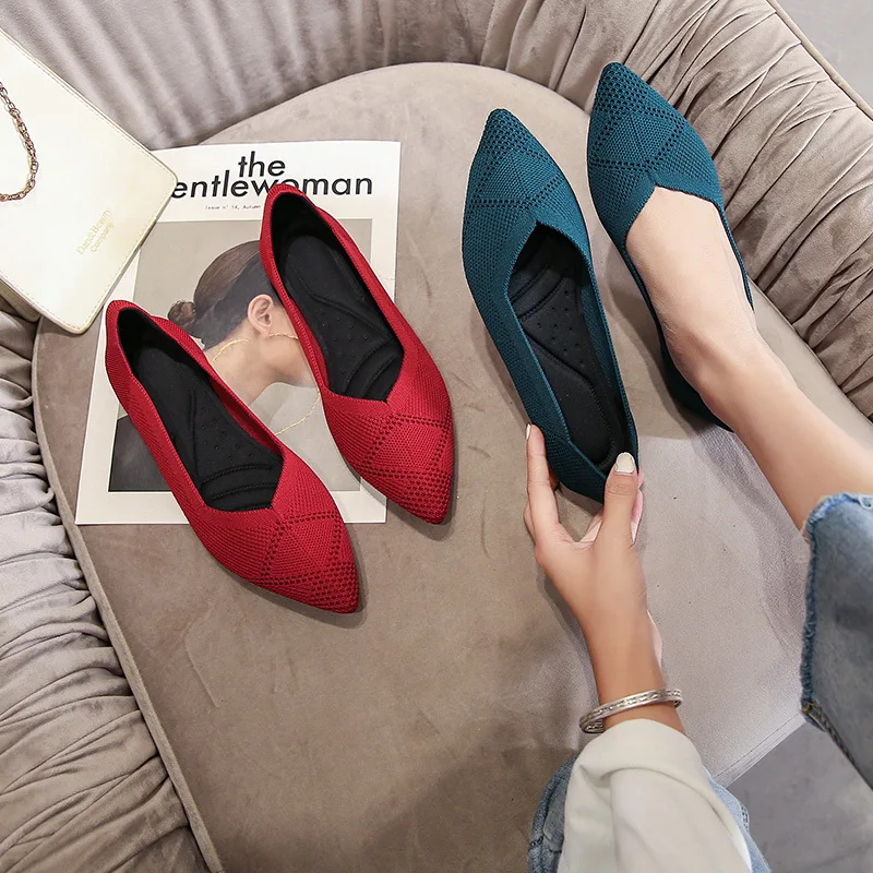 Casual Women's Flat Shoes Ballet Shoes Breathable Knit Pointed Shoes Moccasin Mixed Color Soft Pregnant Shoes Zapatos De Mujer