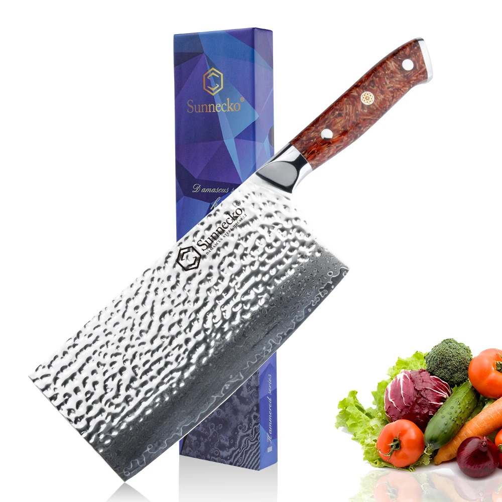 

Sunnecko 7'' Cleaver Knife Damascus VG10 Steel Hammer Blade Chef Kitchen Knives Red Chaff husk Handle Sharp Meat VegetableCutter