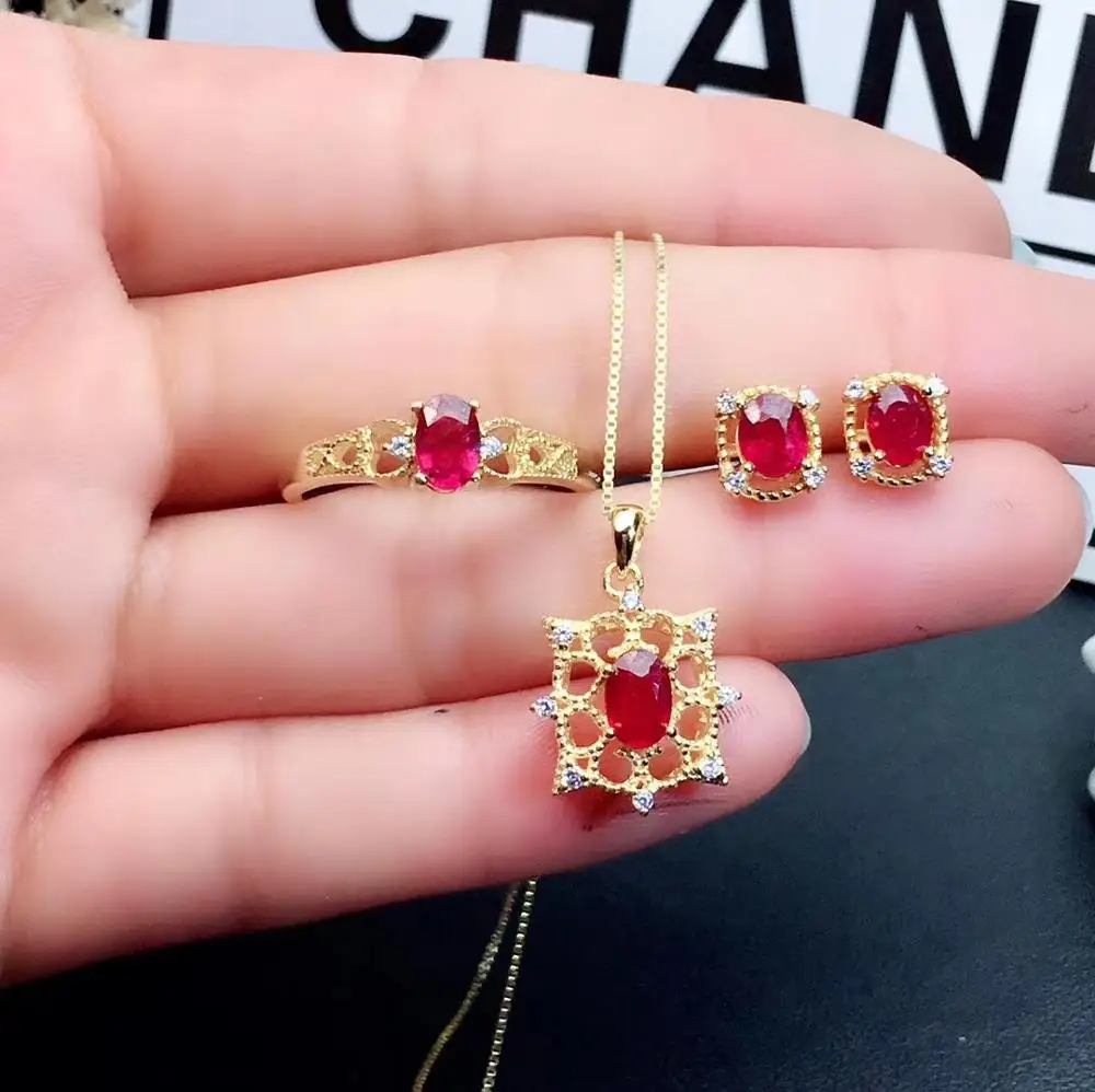 

KJJEAXCMY boutique jewelry 925 sterling silver inlaid Natural ruby Ring Necklace Earring Suit Support Detection fine