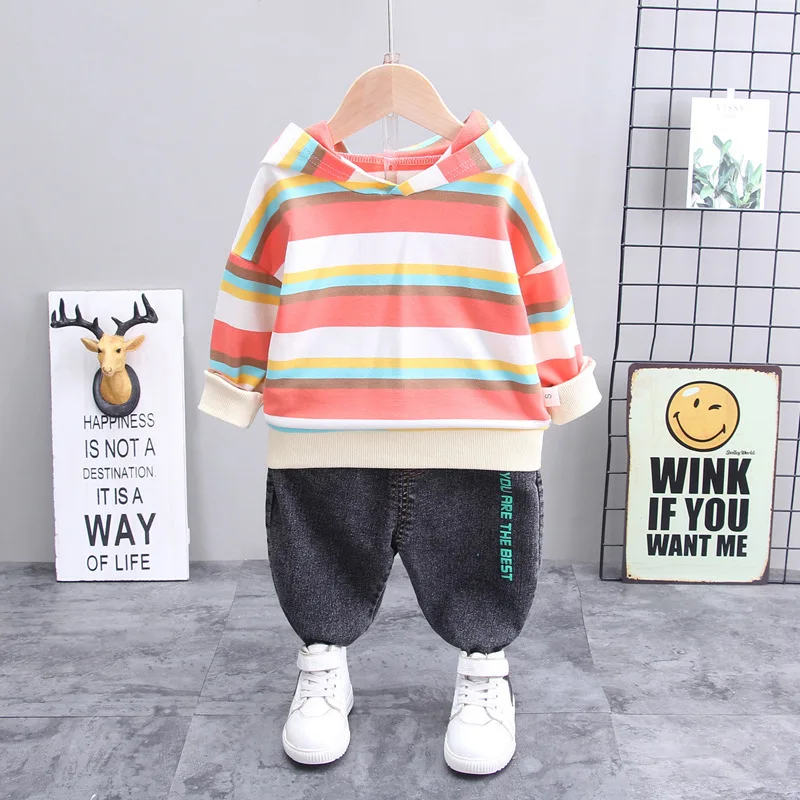 Осенняя детская повседневная одежда футболка в полоску с капюшоном для