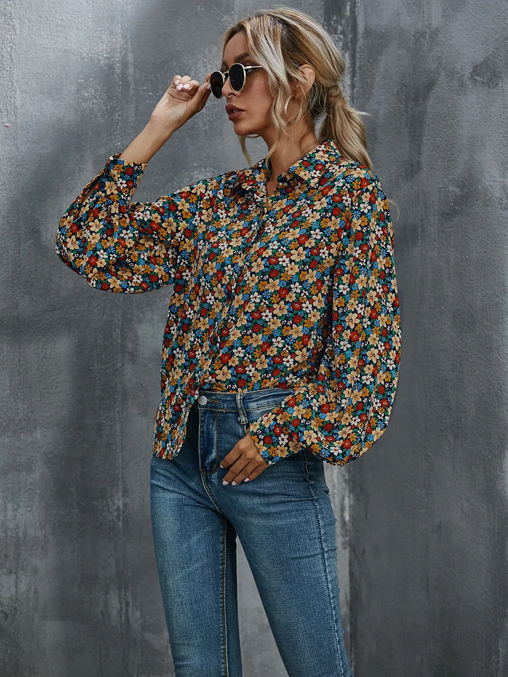 

Fashion Multicolor Floral Shirt Spring Autumn 2021 Loose Turn-Down Collar Tops Vintage Print Women's Blouse