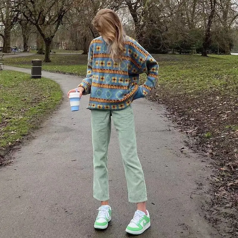 

Retro O-Neck Pullover Sweaters Women Autumn Winter Geometric Patterns Loose Knitwear Korea Fashion Long Sleeve Knitting Shirts