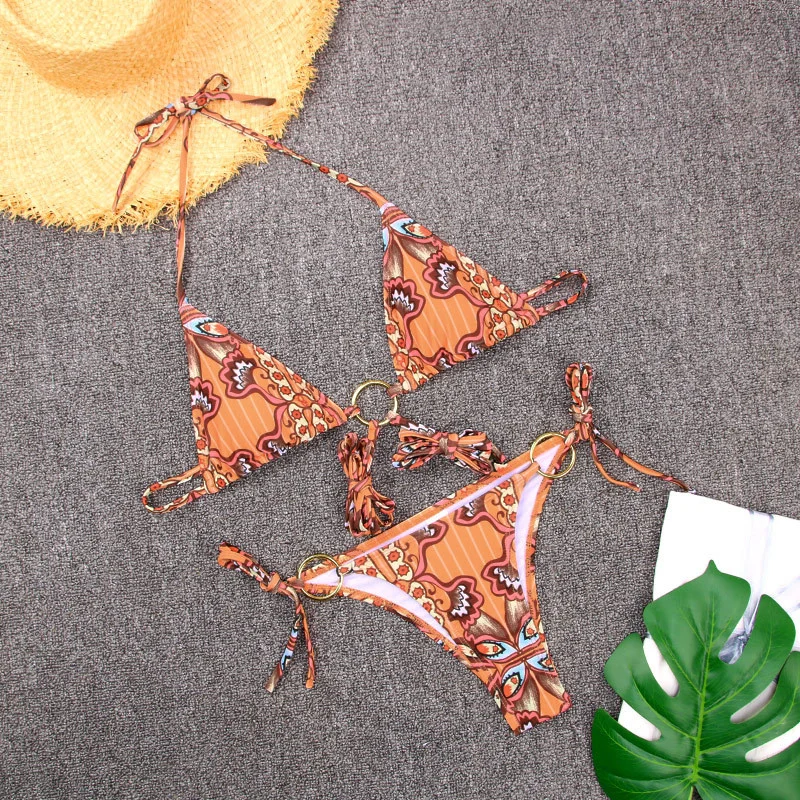 

2021 new sexy three ring bandage bikini print split swimsuit women 19033 tricolor