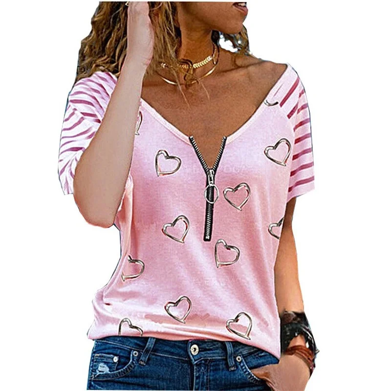 

Women Shirt 2021 Summer Blouse New Love Printing Short Sleeved Shirt Female Zipper V Neck Shirts Fashion Tops Plus Size Blouses