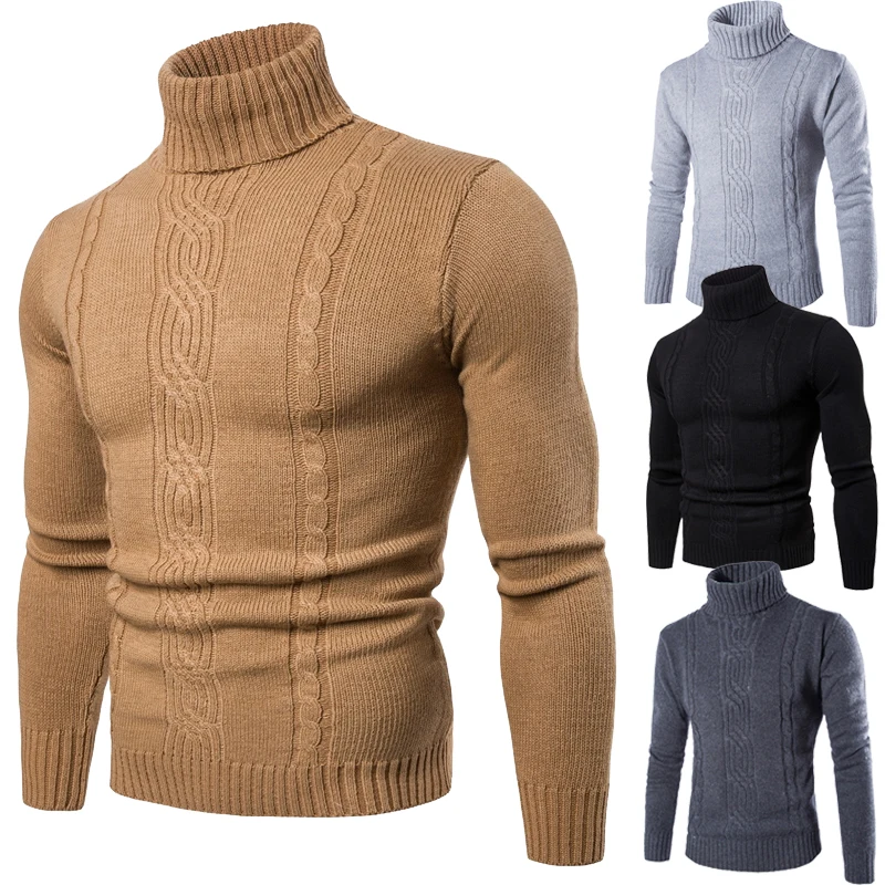 

Winter Turtleneck Long Sleeve Cotton Pullover Top Fashion Solid Color Casual Sweater Slim Elastic Warm Knitwear Men Clothing