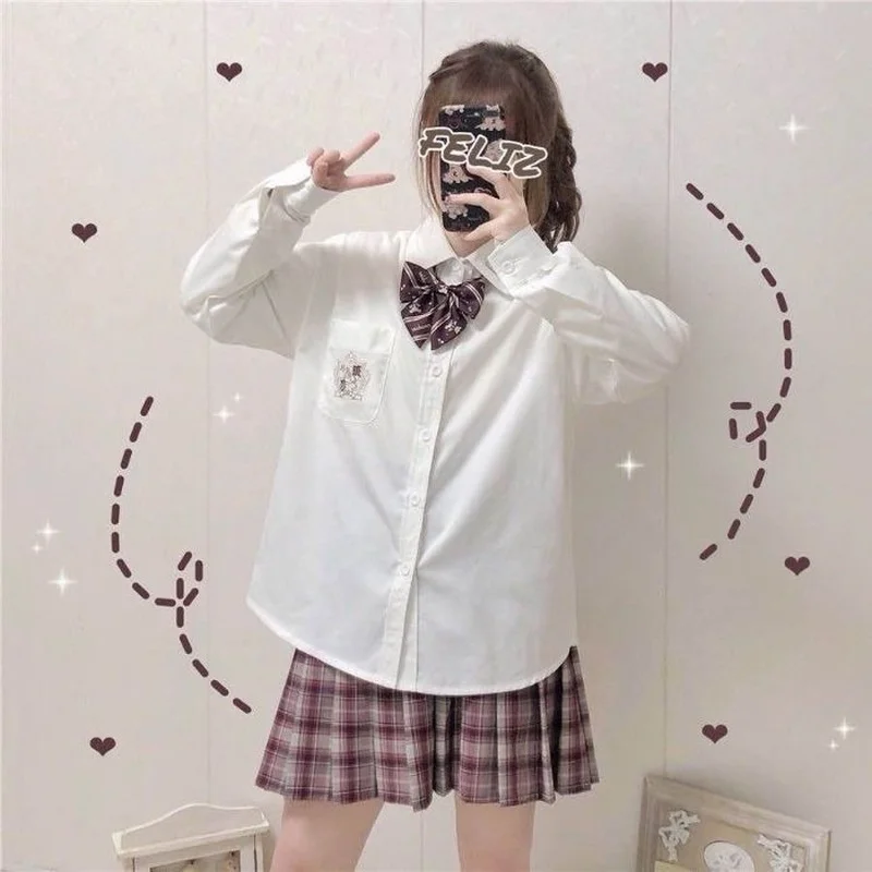 

White Black Shirt Harajuku Sweets From Japan Teenagers 90s Aesthetic Soft Girl Long Sleeve Button Up Blouses Spring 2021