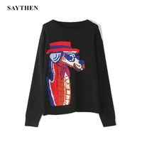 saythen runway animal cartoon retro streetwear black jacquard pullover loose oversize cute knitted sweater for women ys9223