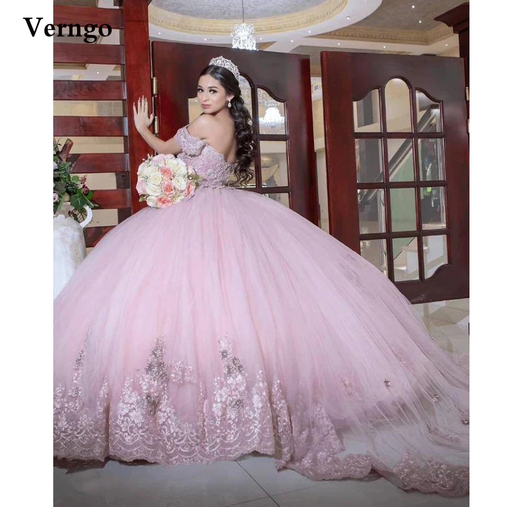 

Verngo Princess Pink Tulle Ball Gown Prom Dresses Off Shoulder Lace Applique Evening Gowns Long 16 Girls Quinceanera Dress