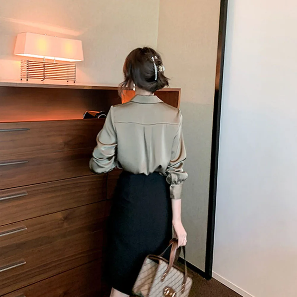 

2021 Turn Down Collar Chiffon Long Sleeve Solid Women Shirt High-quality Satin Blouse Women Elegant Slim Shirt Women Tops
