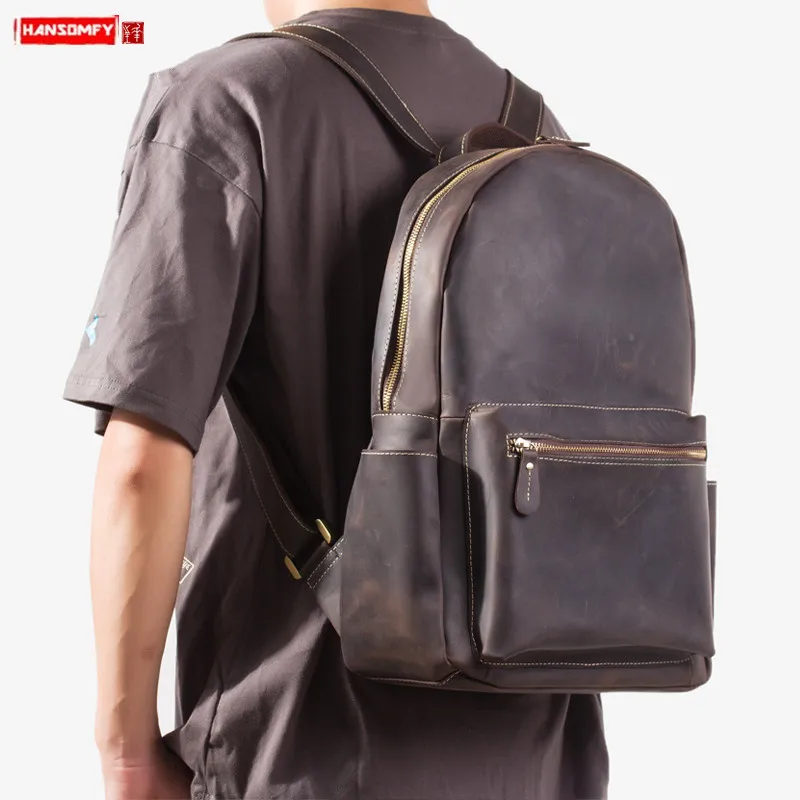 

Vintage Leather Men's Backpack Casual Laptop Bag Men Travel Backpacks Leather Student Big Computer Bags Crazy Horse Leather Bags