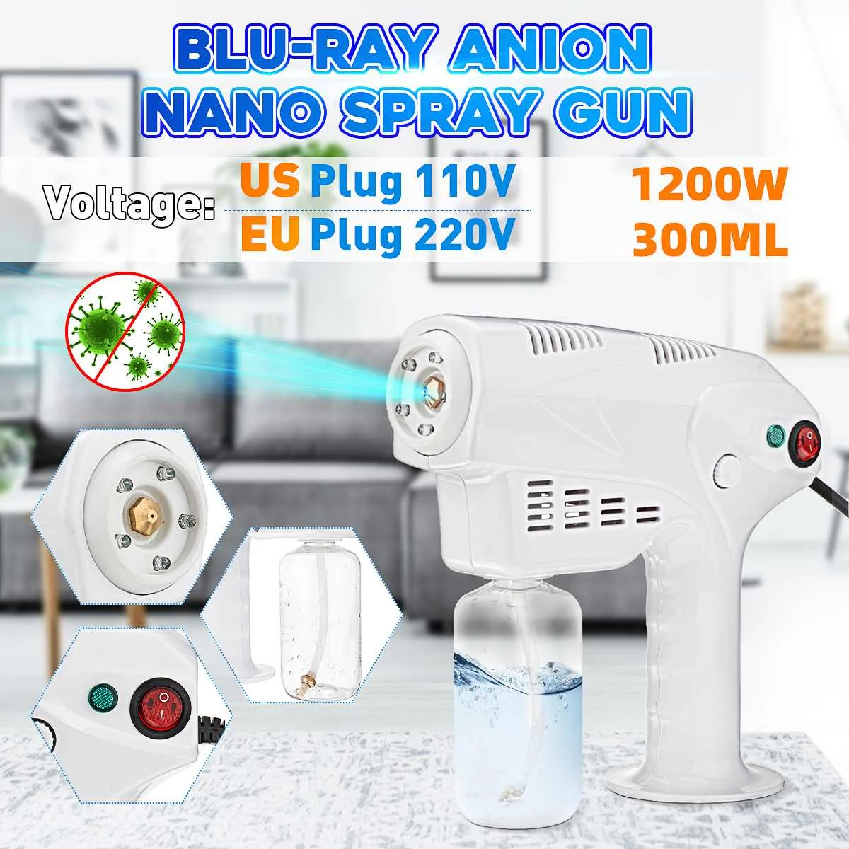 

1200W Disinfection Blue Light Ultra Fine Aerosol Water Mist Trigger Nano Steam Sprayer Blue Ray Anion Hair Care Machine