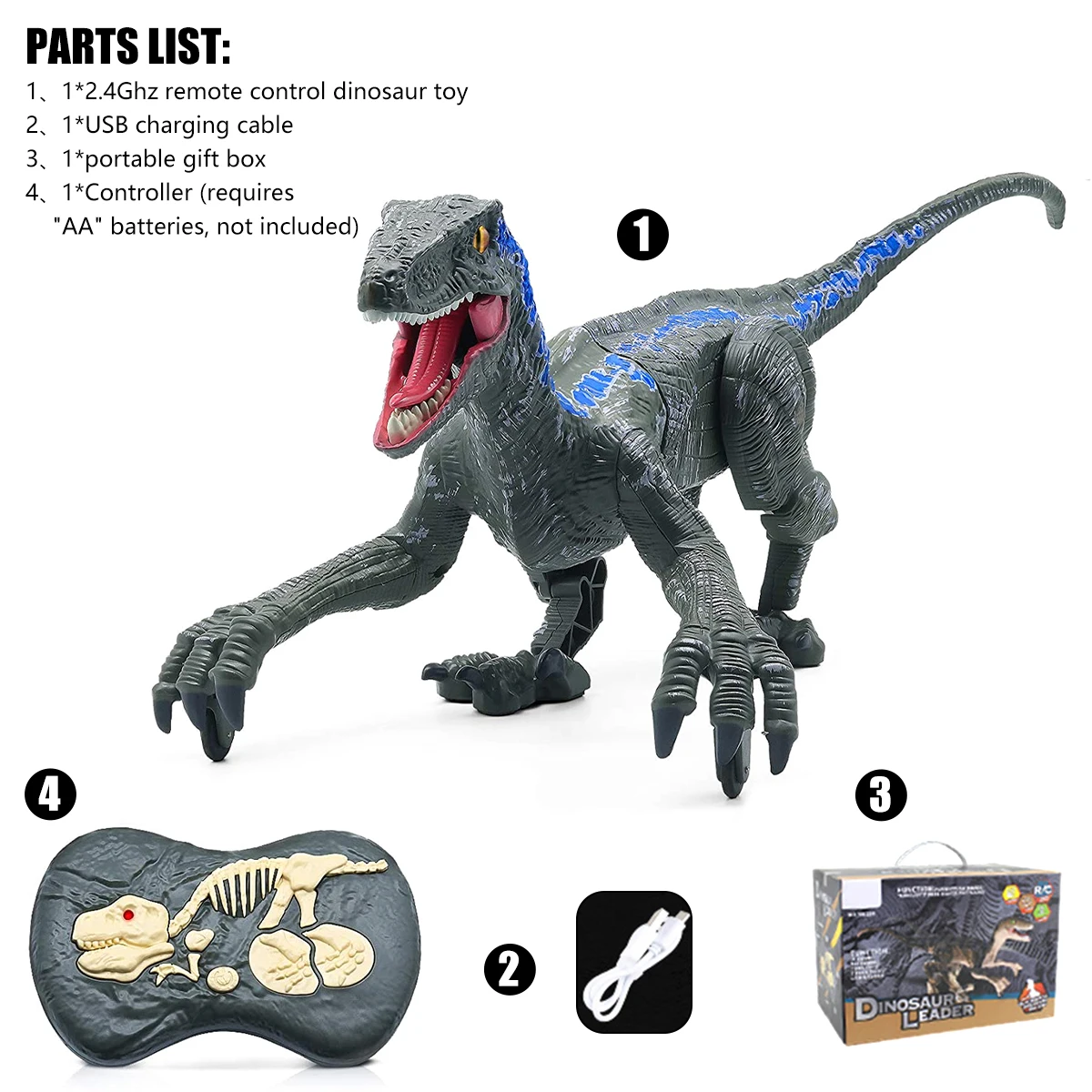 Juguete de dinosaurio a control remoto para ni&ntilde;os, 2,4G de dinosaurio de juguete, simulaci&oacute;n recargable, realista, caminar rugiente, Velociraptor-4