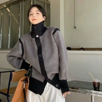 plus velvet thick warm jacket retro lazy wind casual high collar hit color casual solid color wild splicing cardigan sweater