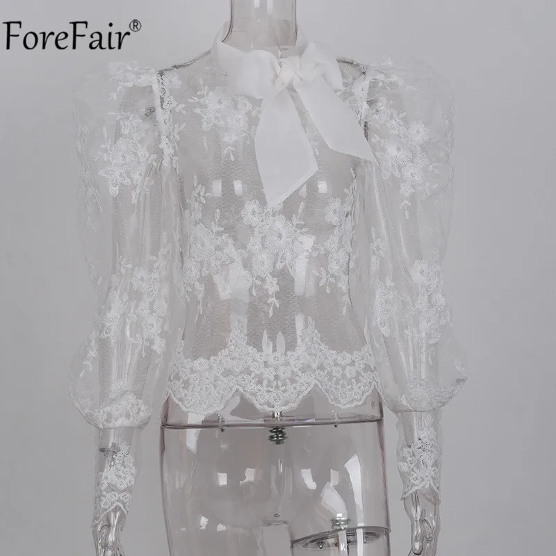 Forefair/белая кружевная блузка с длинными рукавами фонариками сезон весна лето