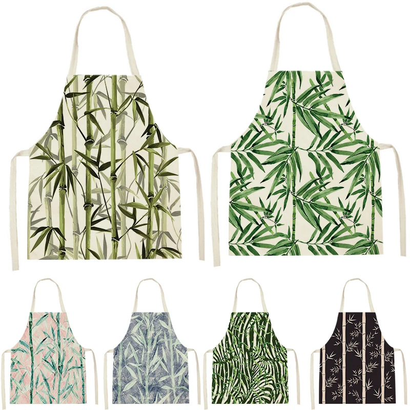 

Plant Style Apron Kitchen Cleaning Pinafore Aprons Green Bamboo Pattern Sleeveless Cotton Linen Aprons Bib Home Custom Apron Bib