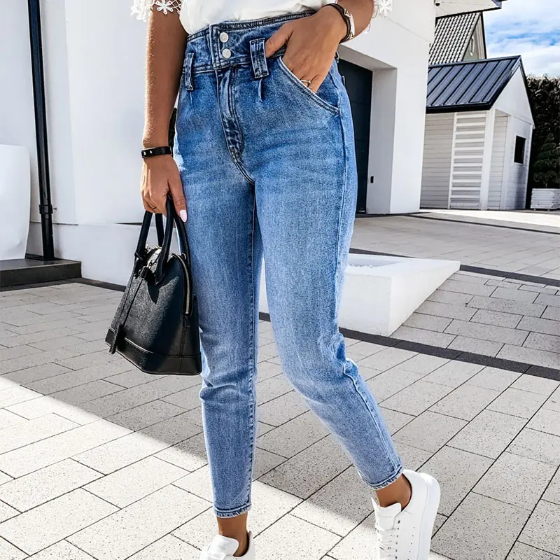 

Women's Blue High Waist Pencil Jeans Slim Button Pockets Ladies Denim Pants 2021 Spring Vintage Streetwear Trouser Female Bottom