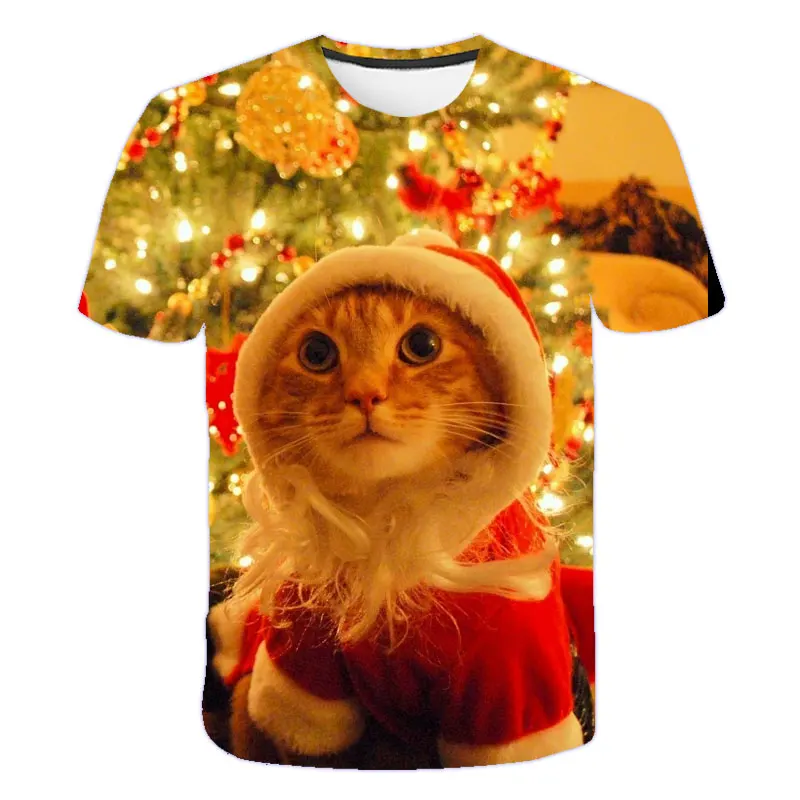 

kids tshirt 4-14 Y cat Santa Claus Merry Christmas Reindeer Christmas tree 3d print T-shirt boys Girls Short Sleeve Tee
