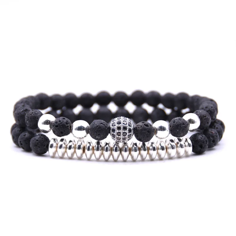 Мужской браслет из натурального камня с микро цирконием 6 мм лавового медные