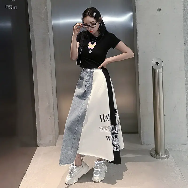 

2021 Spring Autumn New Fashion Skirts Women Korean Loose Letter Printing Denim Skirt High Waist Mid-length Skirt