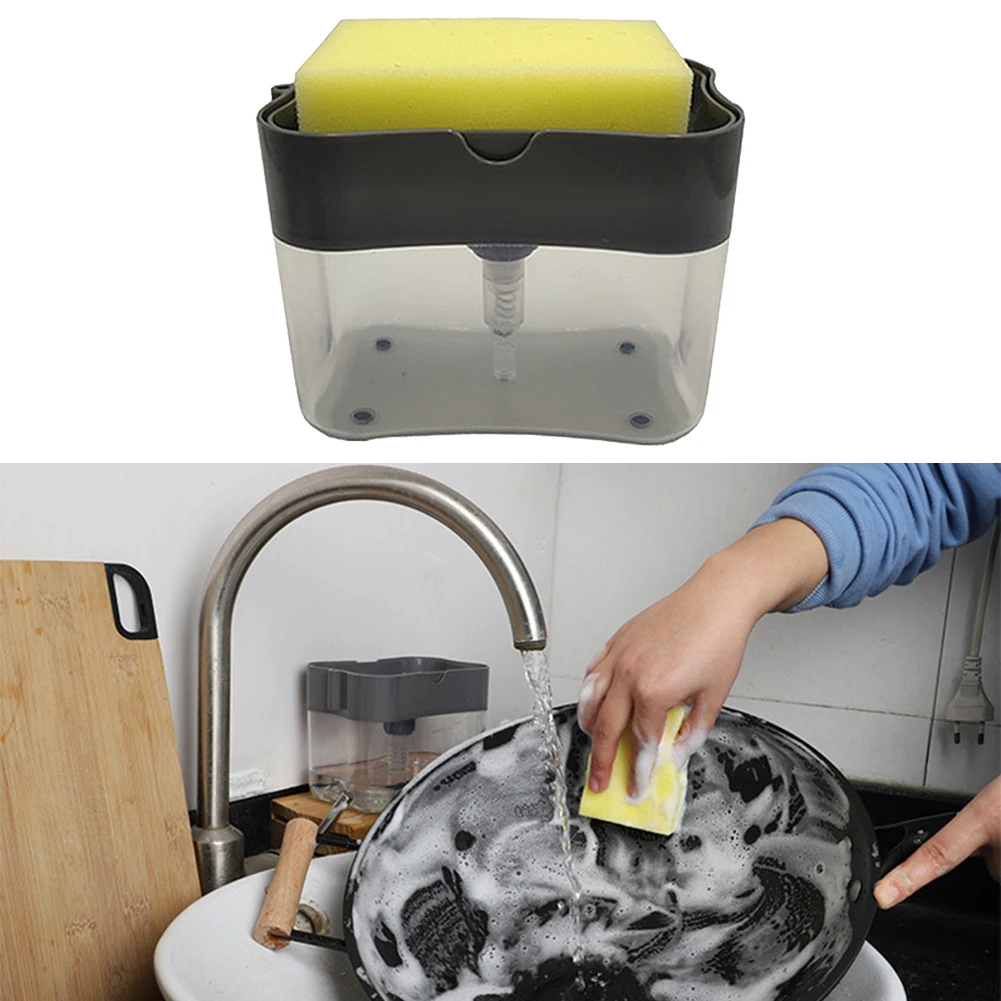 

New 2 in 1 Soap Pump Dispenser With Sponge Holder Liquid Dispenser Container Hand Press Soap Organizer Kitchen Cleaner Tools
