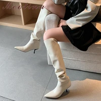 meotina knee high genuine leather boots women shoes pleated high heel long boots pointed toe thin heel ladies boots autumn 40