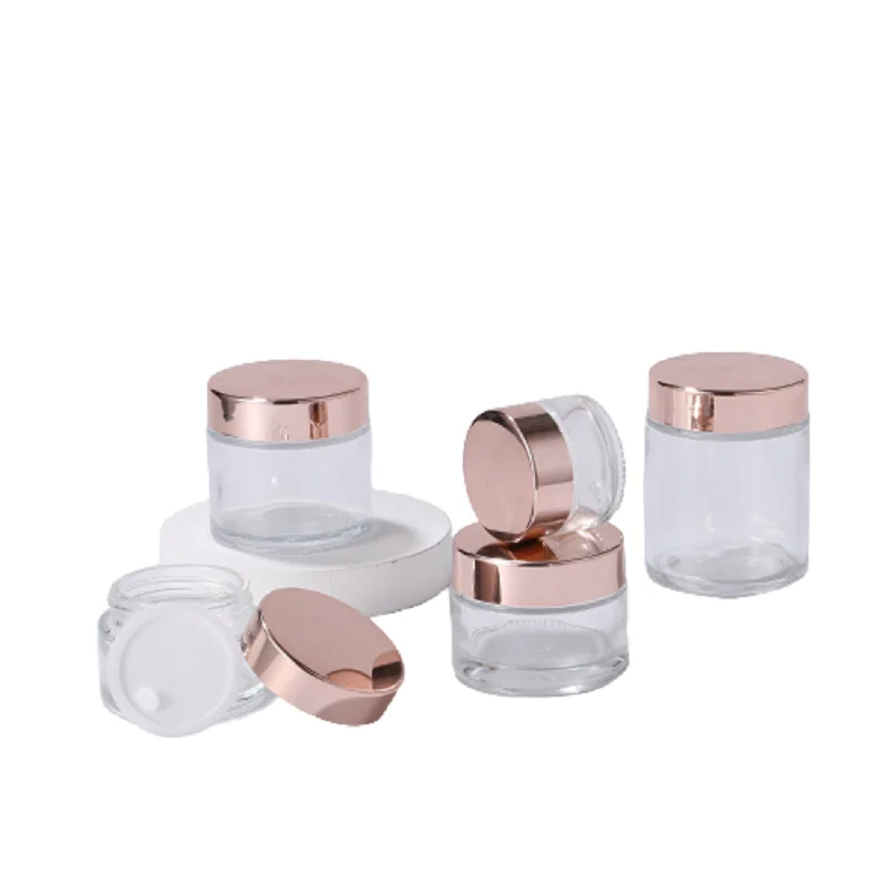 

5g 10g 15g 20g 30g Clear Glass Cream Jar Rose Gold Lid Cosmetic Packaging Containers Refillable Bottle 50g 100g 15pieces/lot